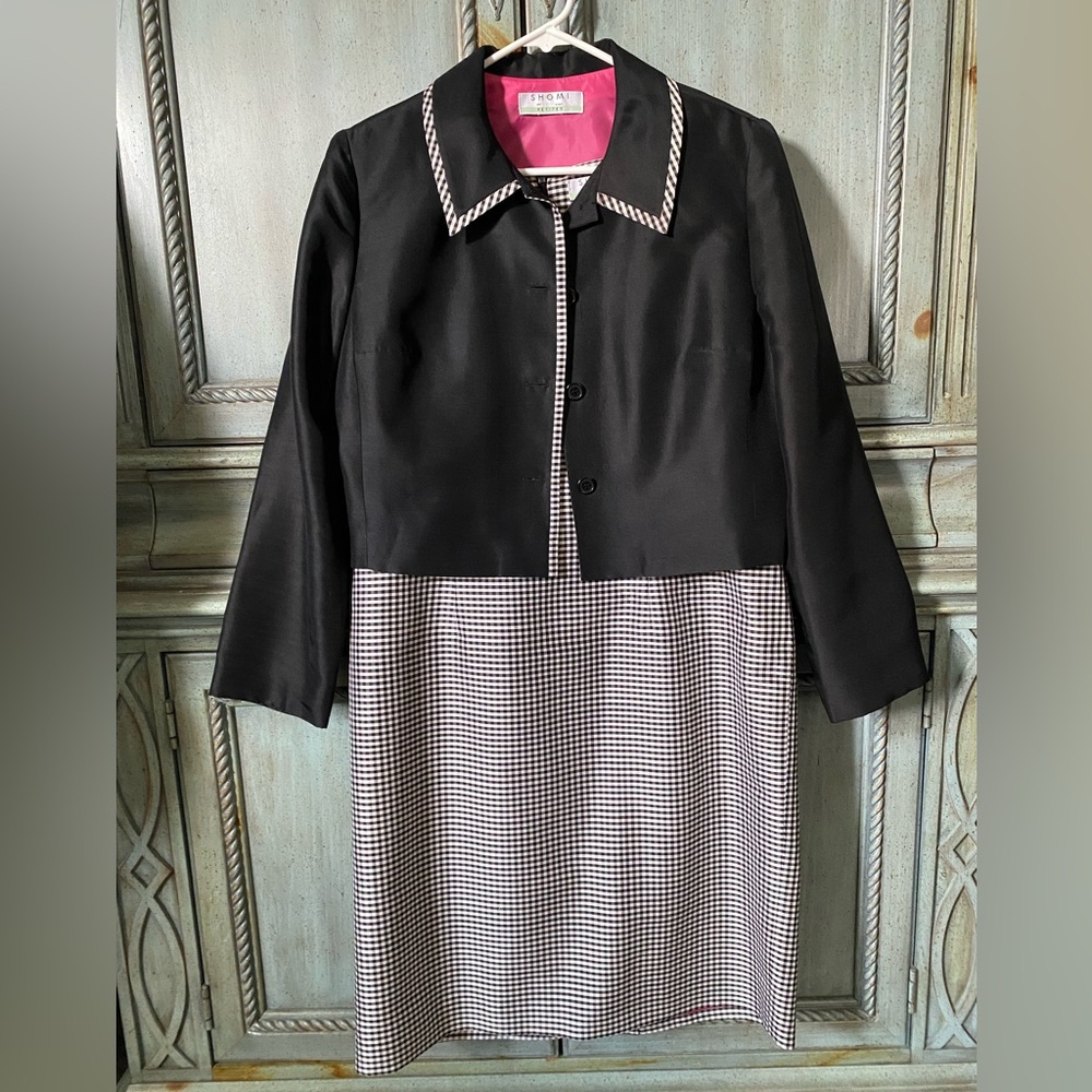 100% Silk black/white checkered dress w/ black jacket w/ matching check detail